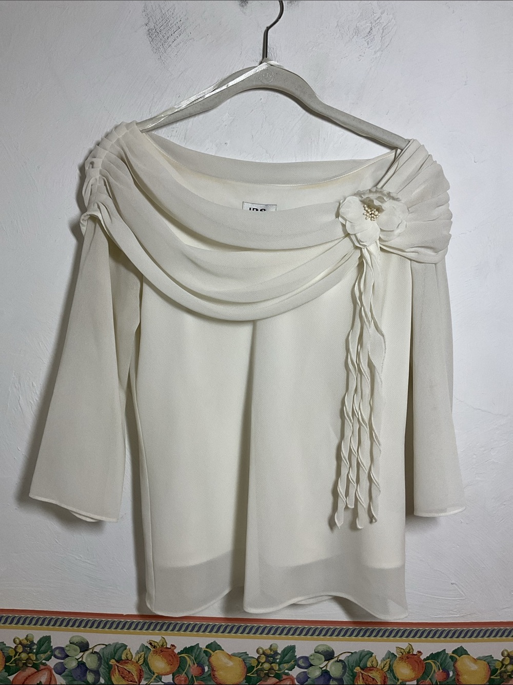 VTG JBS Ltd. Ivory Chiffon Off Shoulder Rosette Blouse Top Pearl Accents Size S